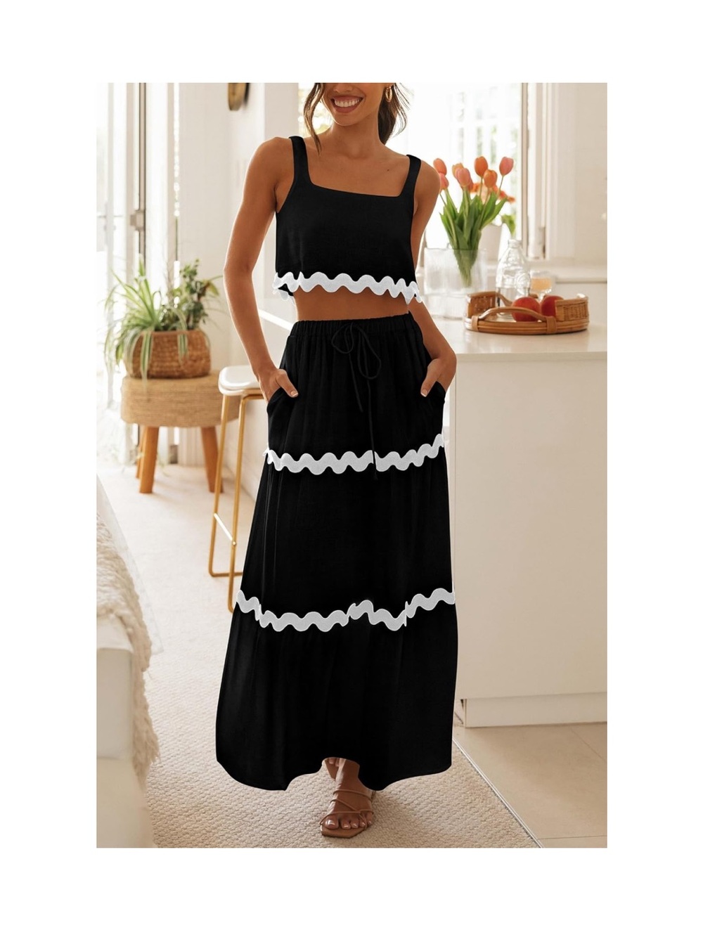 Black Maxi Skirt Set with White Scalloped Trim